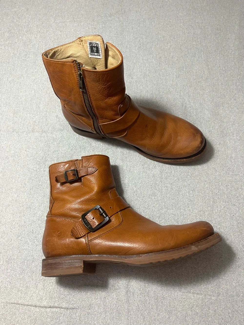 FRYE Cognac Leather Buckle Ankle Boots.
